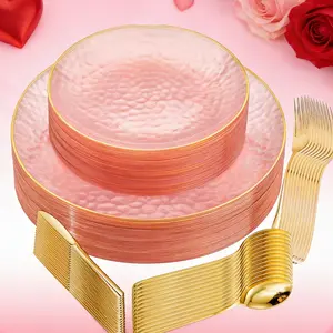 50-Piece Plastic Plate Knife Fork Spoon Set, Disposable Tableware, Disposable Plates, Elegant Plastic Plates, Trim, Hammered Transparent Plates, Perfect for Parties Weddings Birthdays