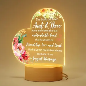 Acrylic Glowing Ornament, USB Powered, Wooden Base, Christmas Thanksgiving Birthday Gift, Heart Shape Memorial Souvenir for Aunt