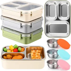 3 Pack Stainless 25 oz 3 Compartment Bento Box with 3 Pcs Condiment Containers and Leakproof Lids for Office and Gym, Dishwasher Safe
