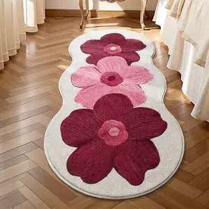 Gentle retro burgundy flowers special-shaped bedroom bedside plush carpet romantic French rose pink floral pattern living room sofa area thickened carpet retro atmosphere wavy edge flowers entrance door balcony non-slip floor mat