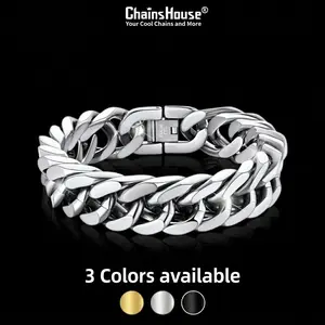 ChainsHouse Cuban Link Chunky Chain Summervibe Bracelet 18K Gold Plated Stainless Steel Wrist Bracelet, 8/12/17mm Width, 7.5"/8.3"/9" Length Cool Casual Hip Hop Bracelet for Men Women CHH18336