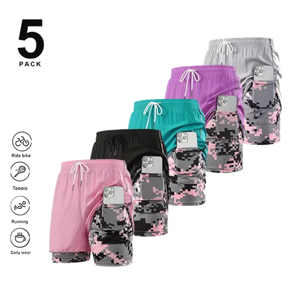 Women’s double-layer sports shorts with phone pocket, quick-dry camouflage fitness shorts, breathable stretchy yoga shorts for running training, outdoor running five-inch shorts with anti-exposure design