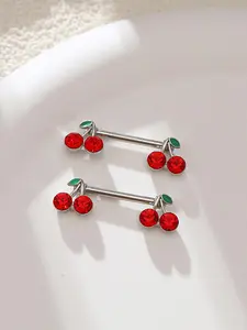 2pcs Cherry Design Stainless Steel Body Jewelry, Cute Cherry Design Nipple Ring, Body Piercing Jewelry for Women & Girls, Fun Jewelry