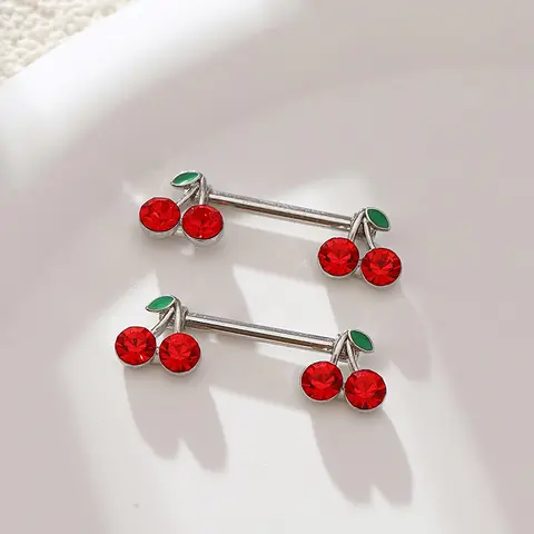 2pcs Cherry Design Stainless Steel Body Jewelry Accessory, Cute Cherry Design Nipple Ring, Body Piercing Jewelry for Women & Girls, Fun Jewelry, Playful Jewelry, Vibrant Jewelry, Summer Fashion, Fashion Statement, Unique, Stainless Steel Nipple Rings