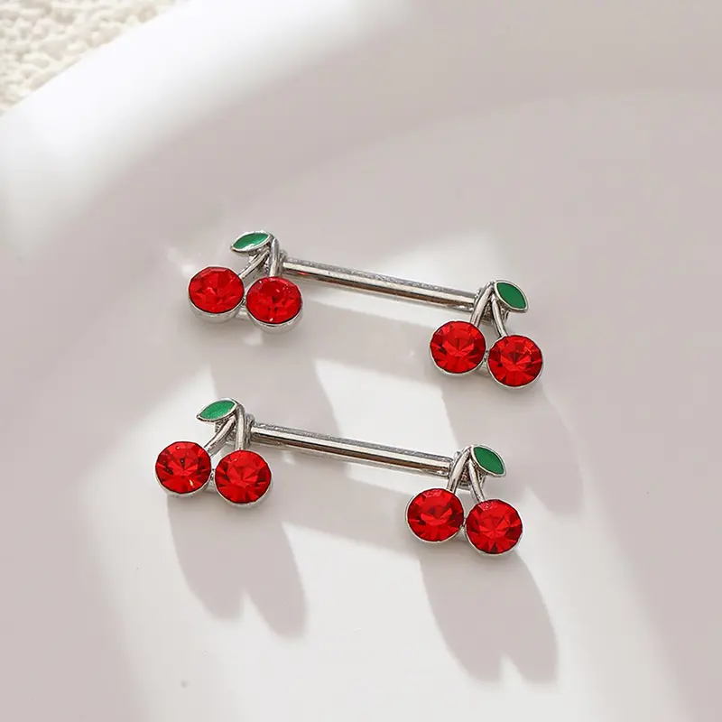 2pcs Cherry Design Stainless Steel Body Jewelry Accessory, Cute Cherry Design Nipple Ring, Body Piercing Jewelry for Women & Girls, Fun Jewelry, Playful Jewelry, Vibrant Jewelry, Summer Fashion, Fashion Statement, Unique, Stainless Steel Nipple Rings