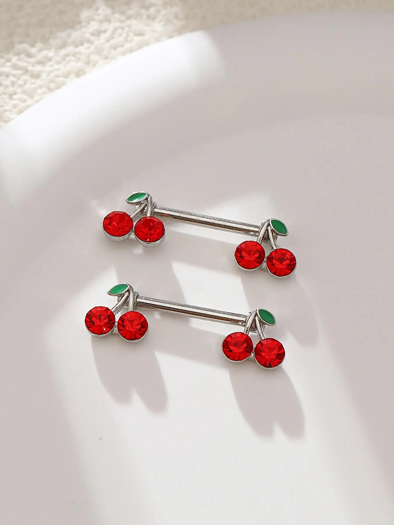 2pcs Cherry Design Stainless Steel Body Jewelry, Cute Cherry Design Nipple Ring, Body Piercing Jewelry for Women & Girls, Fun Jewelry