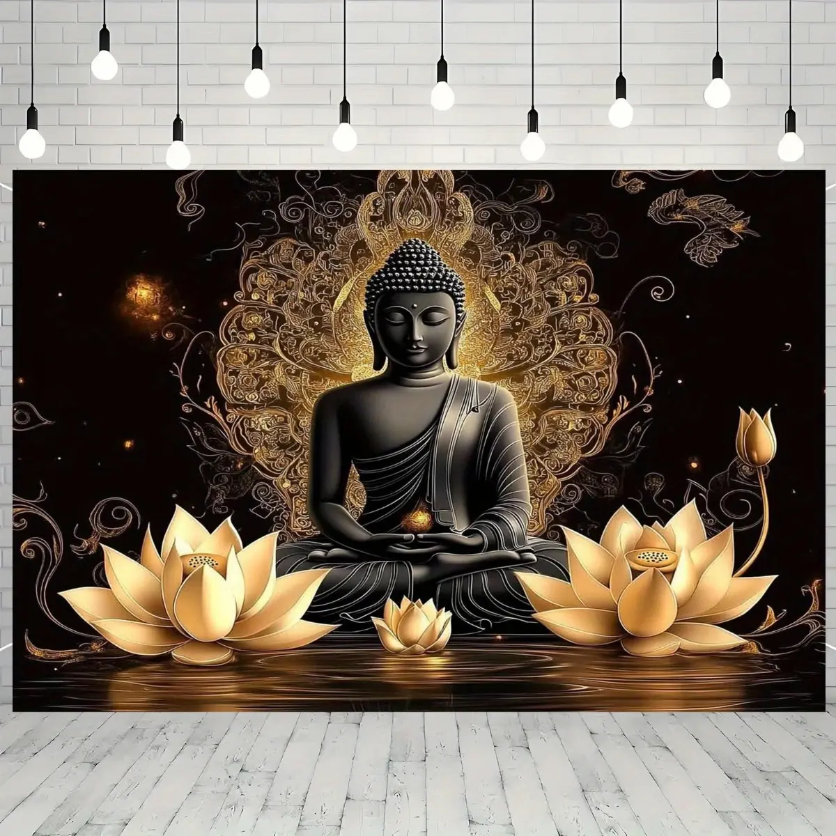 Retro Vintage Synthetic Polyester Tapestry (1 Piece) - Bold Black, Gold, White Color Scheme, Lotus & Sakyamuni Buddha Print, Family Home Decor, Sun Protection Wall Hanging, Gift for Girls, Animals-Themed Accent for Living Spaces