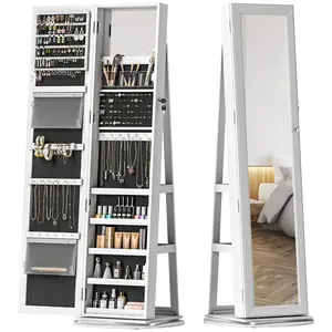 White 360° Swivel Lockable Jewelry Armoire with Full-Length Mirror, Storage Shelves - Indoor Bathroom Mirror Cabinet Furniture