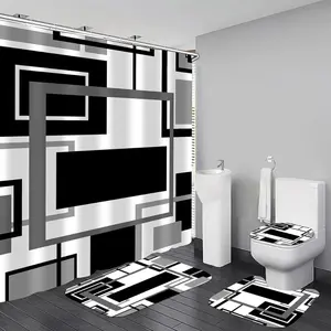 4 Pcs Black Geometric Shower Curtain Sets with Rugs Black Bathroom Sets with Shower Curtain and Rugs Modern Bathroom Curtains Shower Set with Toilet Lid Cover for Bathroom Decor Accessories