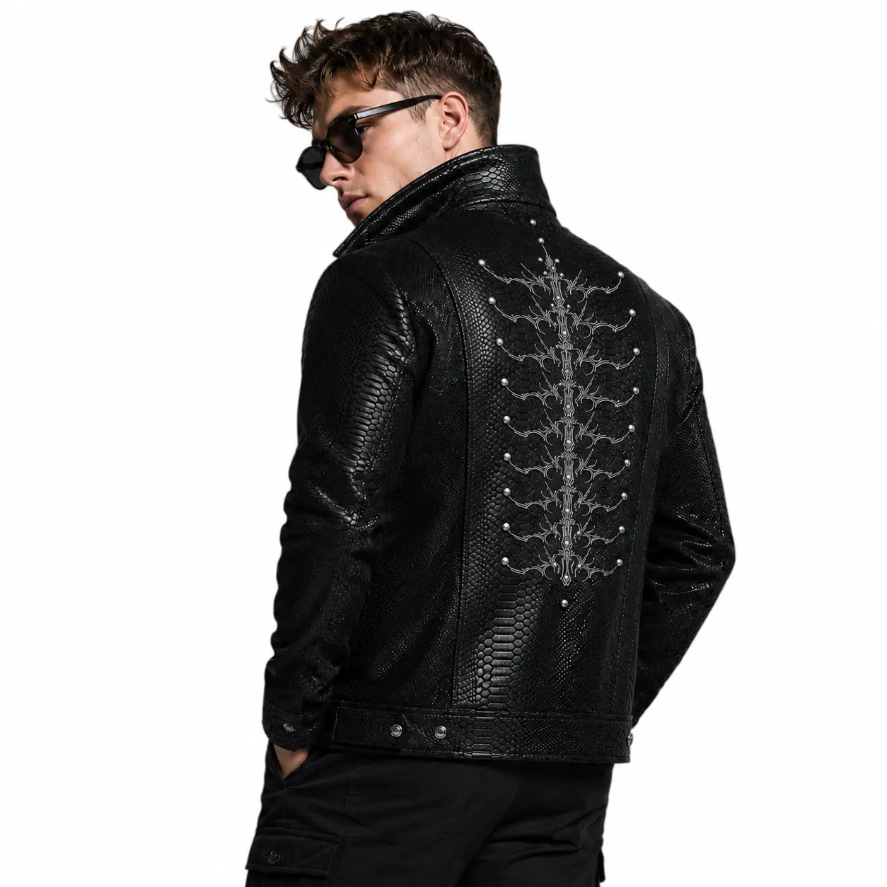 Men's Street Style Biker Leather Jacket, Plain Black Slim Fit Coat with Embroidered Details and Zipper Closure