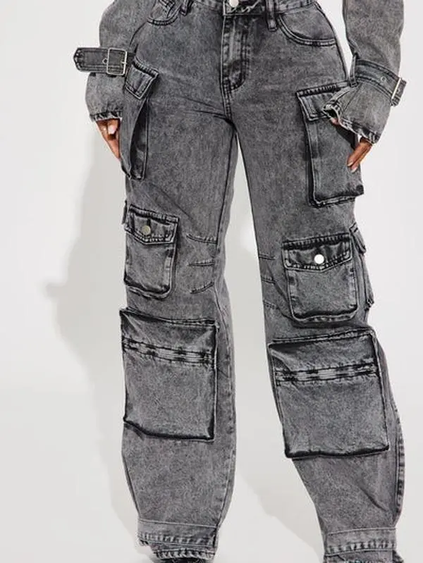 Billie Low Slung Cargo Jeans - Acid Wash Black Womenswear Bottoms