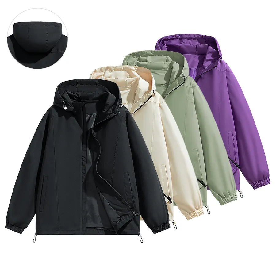 Men’s loose-fit hooded windproof jacket with adjustable drawstring hem and zipper closure, casual outdoor outerwear for everyday wear