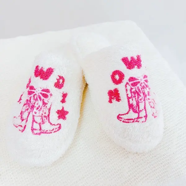 Howdy Boot Cozy Slippers - Western Inspired Lounge Slippers for Women, Cartoon Pattern, Round Toe, Soft Plush Fabric, Perfect for Summer Home Wear
