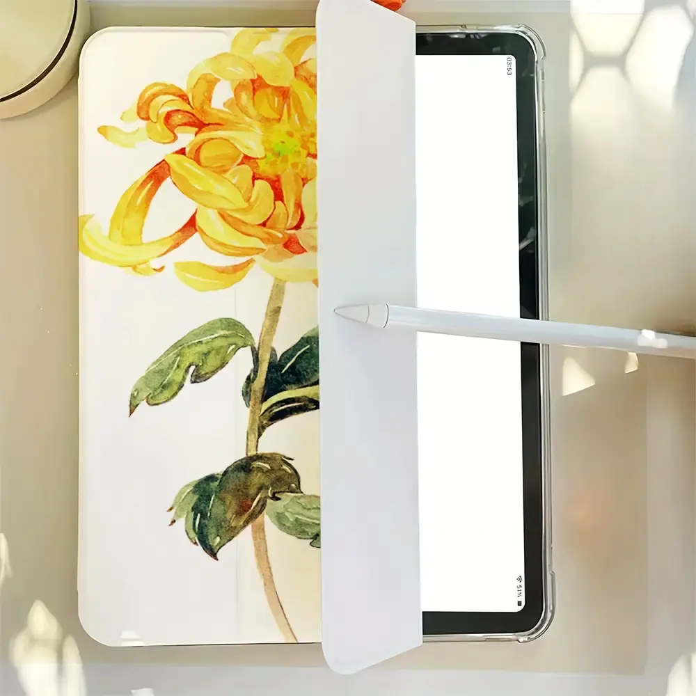 1pc Floral Yellow Fortune Flower Thermoplastic Polyurethane (TPU) Portable Tablet Case with Bracket, Lightweight Hybrid Cover, Auto Sleep/Wake, Foldable Protection for iPad Mini4/Mini6, iPad2017/2019, iPad Pro 20 Full Size Tablet Accessories