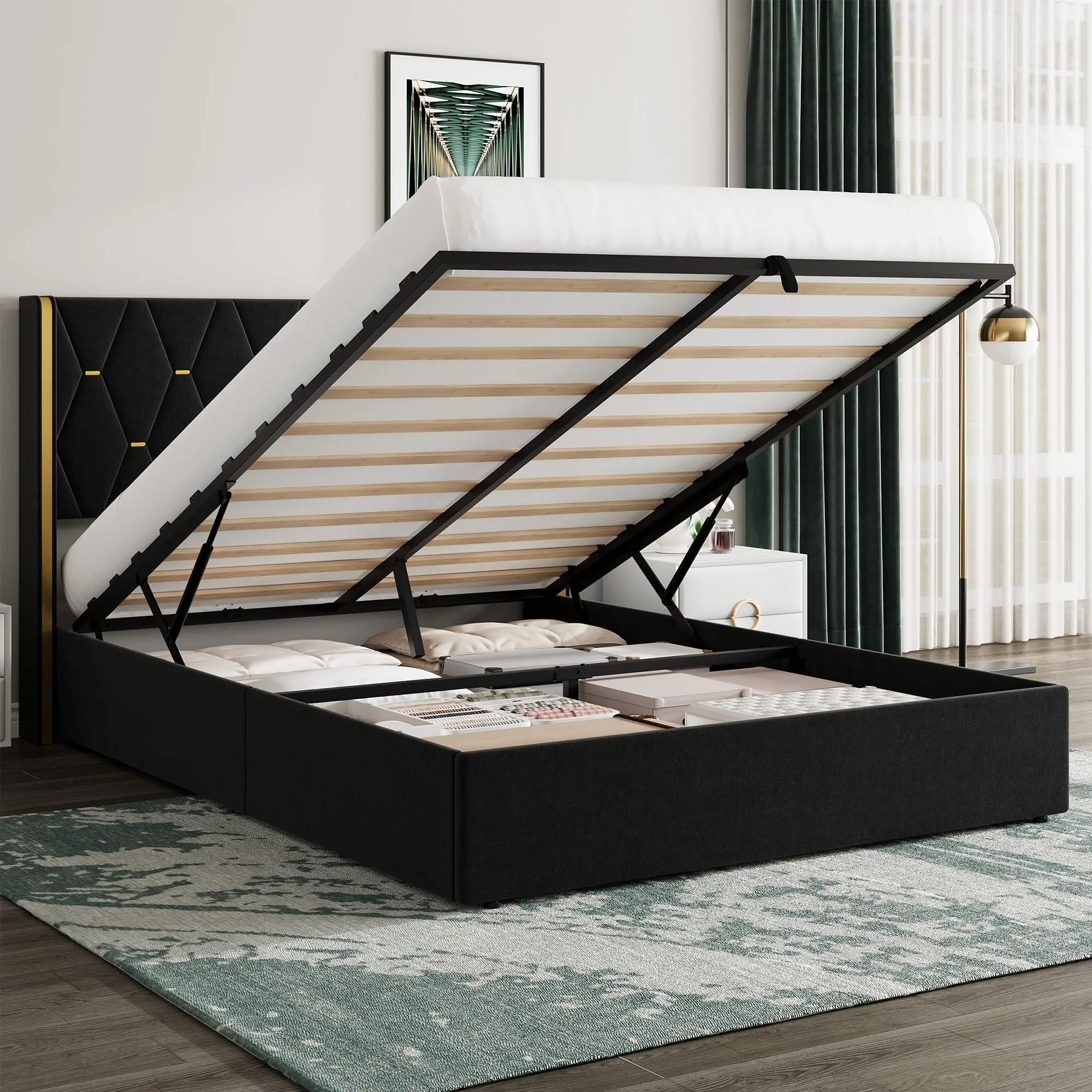 Garvee  Storage Bed Full with Upholstered Wingback Headboard, Modern Full Size Hydraulic Bed Frame with Strong Wood Slats Support, No Box Spring Needed, Easy Assembly, Black, Modern Beds