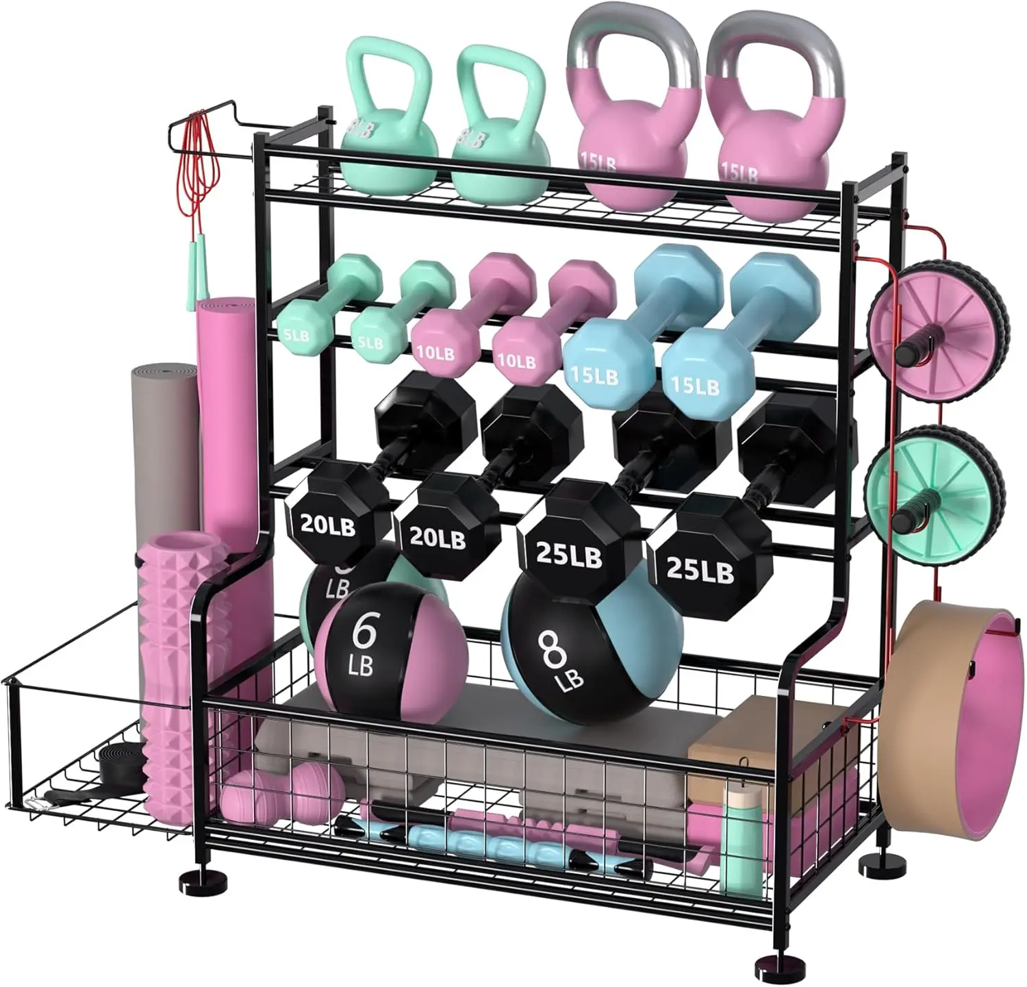 Dumbbell Rack - Weight Storage for Dumbbells, Kettlebells, Yoga Mat & Balls, with Wheels & Hooks, Sports Equipment Organizer for Garage