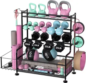 Dumbbell Rack - Weight Storage for Dumbbells, Kettlebells, Yoga Mat & Balls, with Wheels & Hooks, Sports Equipment Organizer for Garage