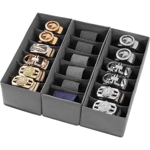 3 Packs Fabric Belt Organizer, 6 Grids Belt Organizer for Closet and Drawer, Foldable Dresser Drawer Organizers, Tie Storage -Dark Grey