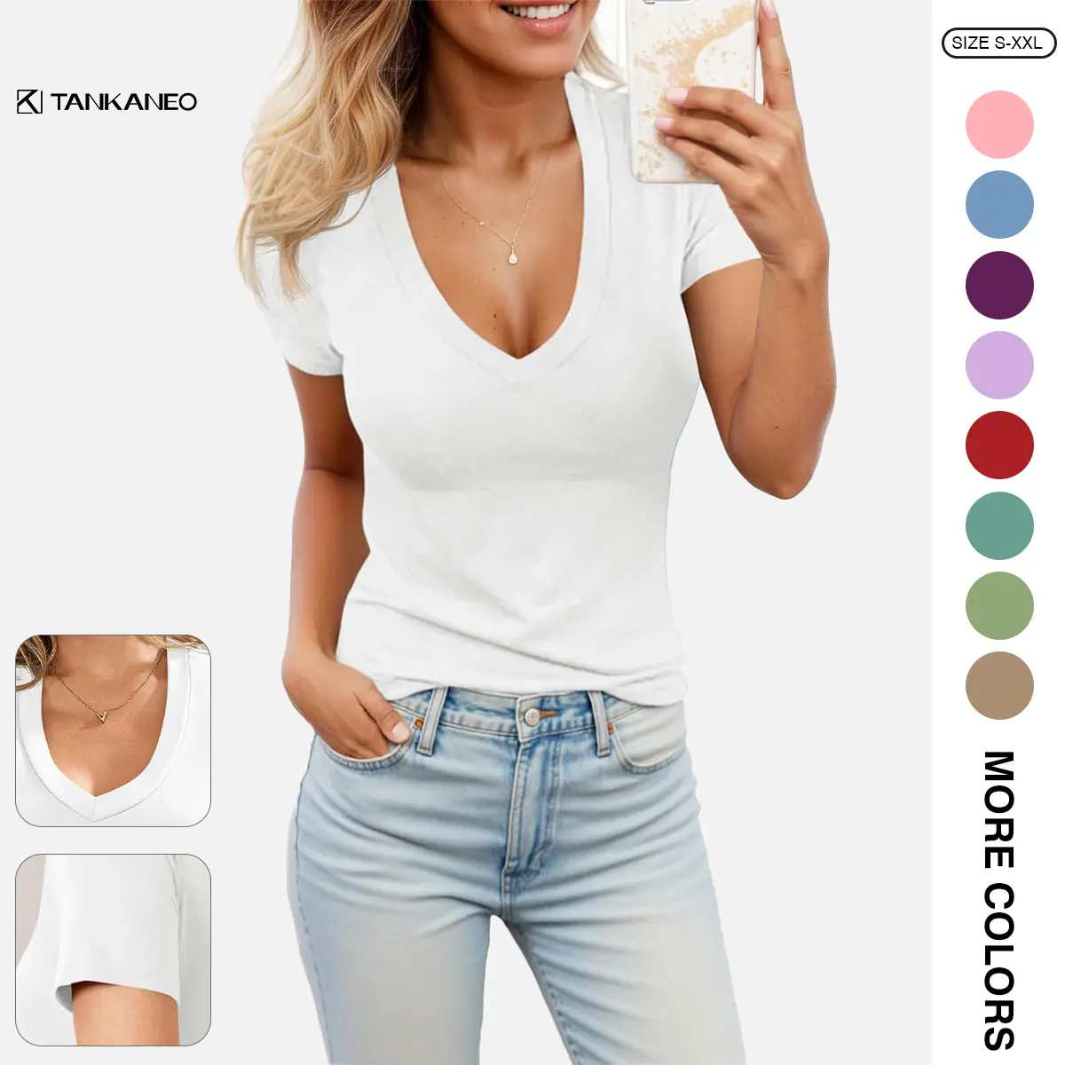 Tankaneo Womens Summer Sexy Short Sleeve Tshirt Tops Deep V Neck Shirts Casual Slim Fit Basic T-Shirt Tee
