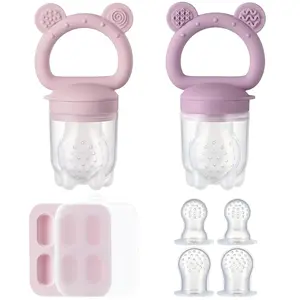 2 Pack Silicone Baby Fruit Feeder with Mini Freezer Tray, Breastmilk Popsicle Molds for Baby Teething Relief, Teethers, Fresh Food Feeder for Safe Infant Self Feeding, Extra Food Pouches - Chocolate
