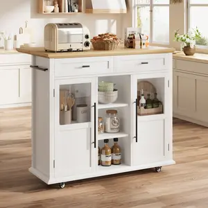 Breakfast Bar, Rolling Kitchen Island Cart with Folding Drop Leaf, Shelf and Drawer, Portable Trolley Island with Large Storage Cabinet