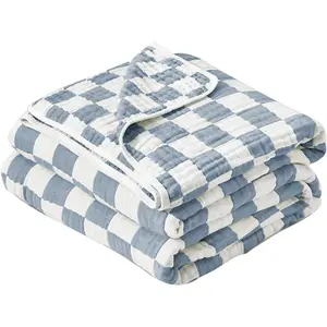 Soft Cozy 100% Cotton 6-Layer Muslin Baby Blanket 41"x41" Breathable Lightweight Checkered Swaddle for Baby Boys Birthday Gifts All Both Sides (Blue)