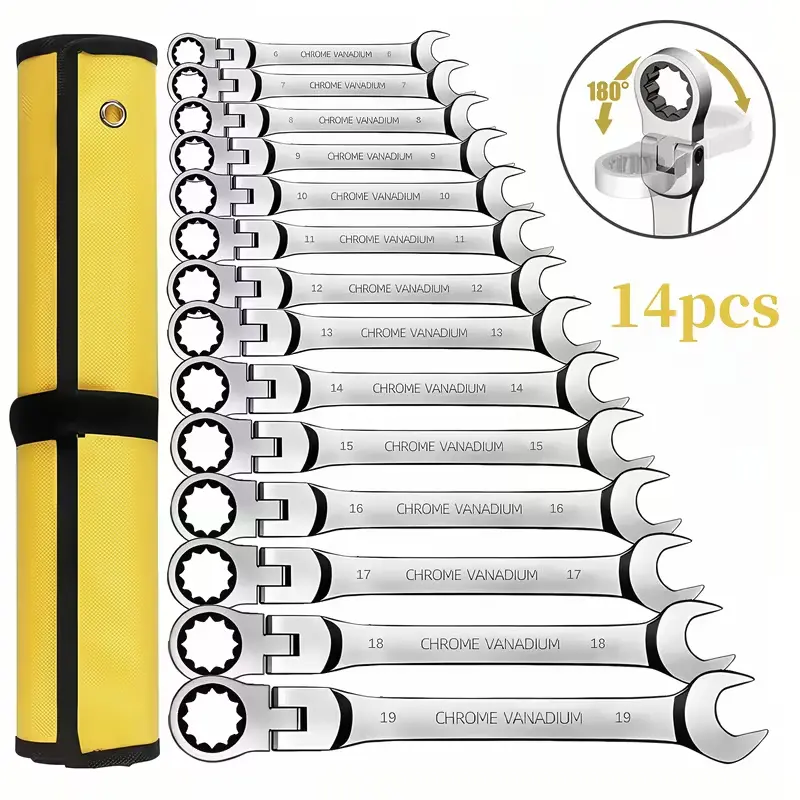 14-piece ratchet wrench set, elastic head ratchet wrench set, metric, 6-19mm, 72-tooth ratchet, Cr-V steel forged ratchet wrench set, with storage bag, suitable for home/automobile/mechanical use, the best gift for Christmas and Halloween. Multi-Purpose