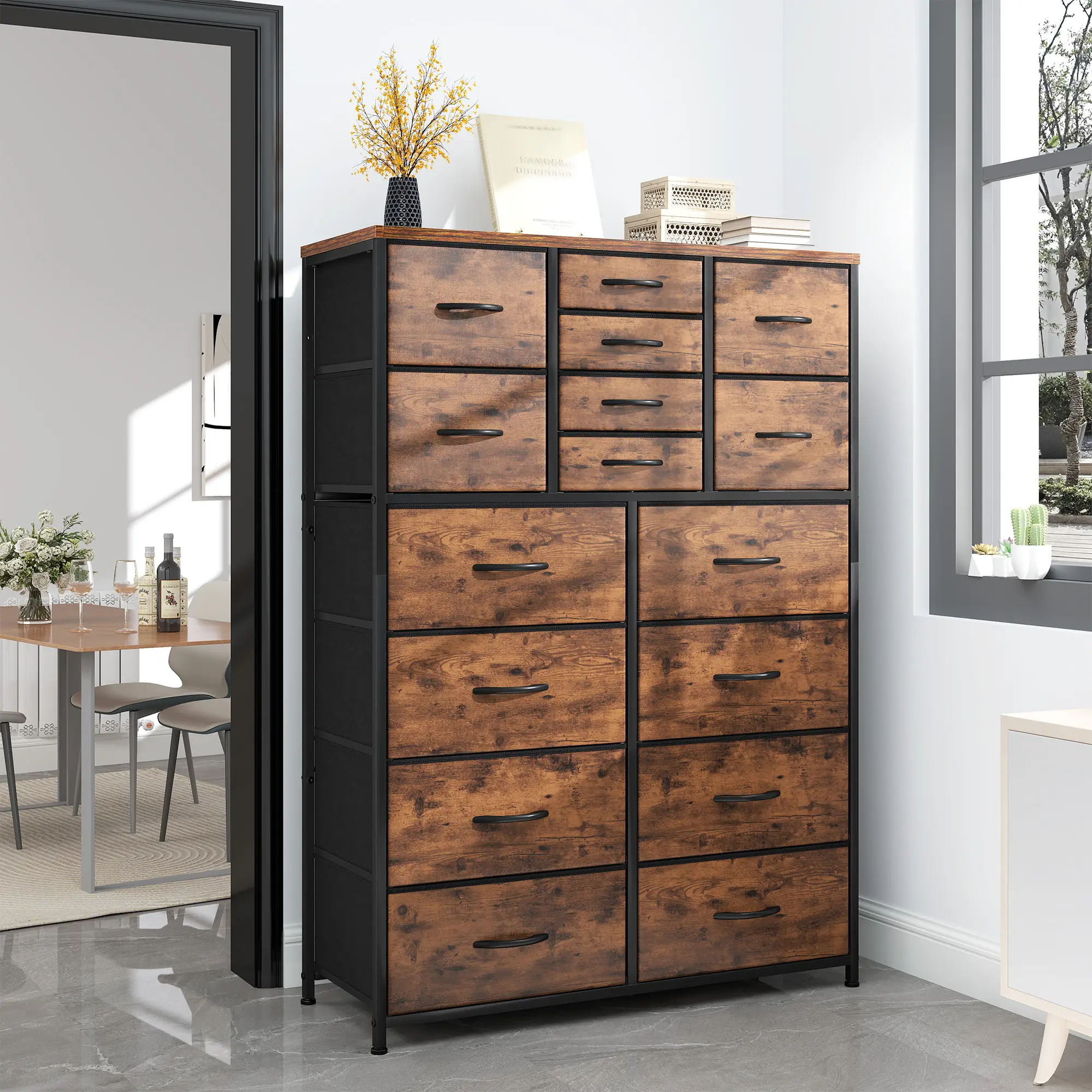 Raybee Furniture Dresser with 16 Drawers, Tall Dressers with Wood Top and Metal Frame, Large Dressers & Chest of Drawers for Bedroom, Closet, Nursery
