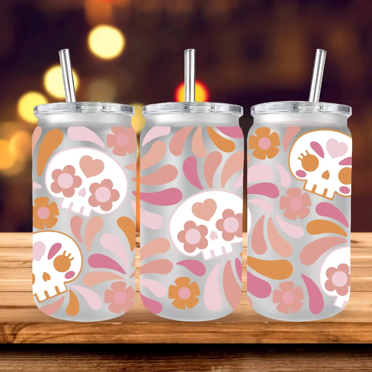 Day of the Dead Calavera and Butterflies Glass Cup with Acrylic Lid and Plastic Straw - Perfect for Your Drinks - Tumblers, Drinkware