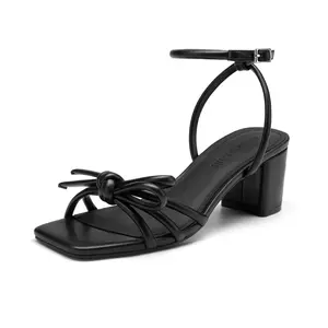 Women's Chunky Block Bow Heels Square Open Toe Comfortable Bridal Wedding Heels Ankle Strap Dressy Heeled Sandals