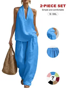 Women's Two-Piece Lounge Set, V-Neck Halter Top + High-Waisted Wide-Leg Pants, Loose-Fit Casual Home Wear for All Seasons, Womenswear Loungewear
