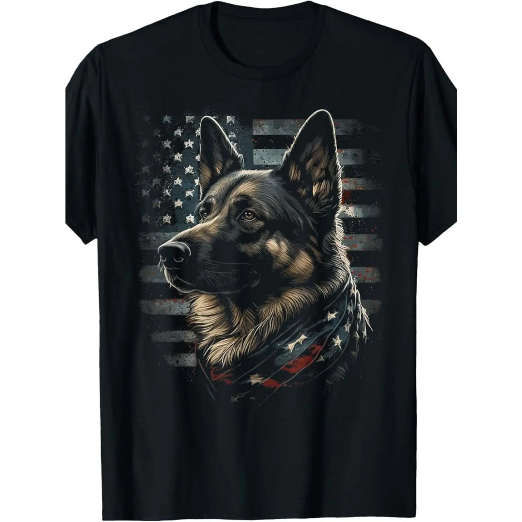 Men's Short-Sleeve 180g German Shepherd USA Flag Patriotic T-Shirt - 100% Made in USA Menswear Top