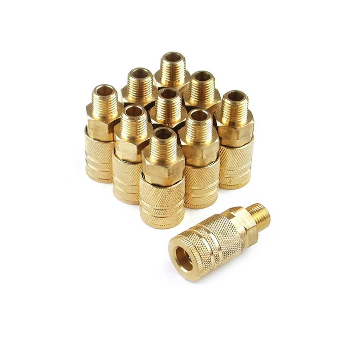 212 MAIN Primefit IC1414MB6-B10-P Solid Brass 6-Steel Ball Industrial Coupler, 0.25x0.25in Male, High Temp Seal, High Flow, Interchangeable, 10-Piece Contractor Pack