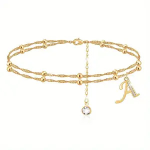 Women's 26-Letter Double Anklet, Fine Copper Water Wave Rice Bead Chain with Micro-Set Zirconia, Summer Beach Fashion Costume Jewelry Accessory