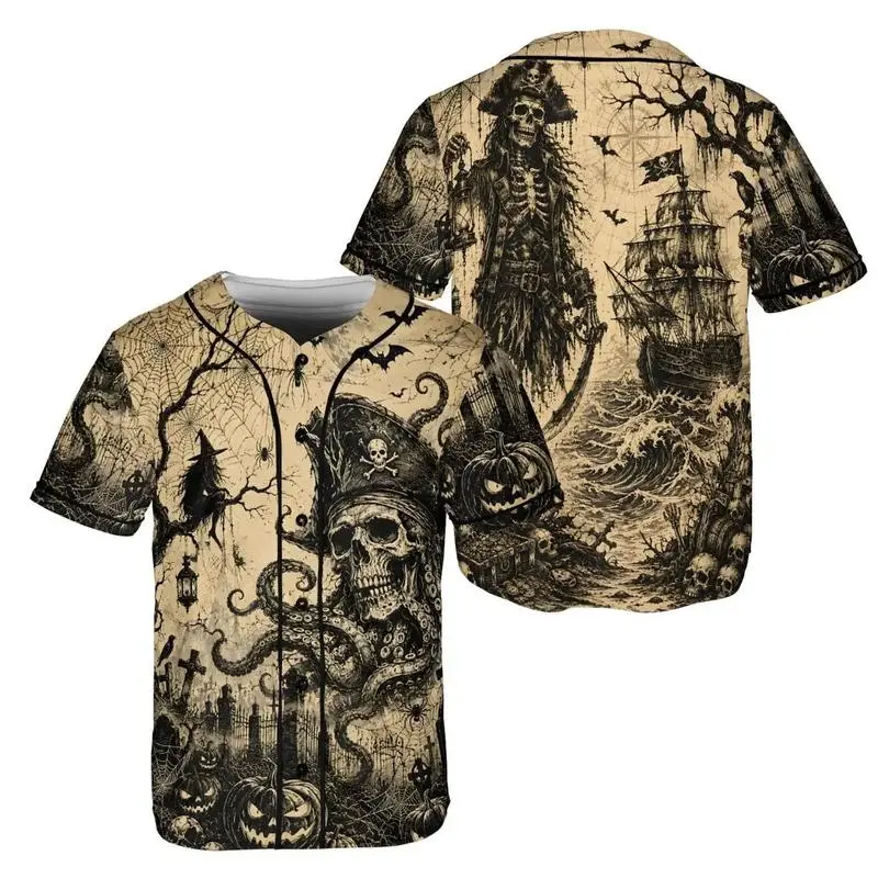 Men's Short-Sleeve Vintage Beige Baseball Jersey, Pirate Skull-Octopus-Pumpkin-Ship Print, Halloween Pirate Theme Party Wear with Casual Cut & Multi-Size Options, Printed