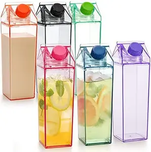 yarlung Set of 6 Plastic Milk Carton Colorful Clear Water Bottle, 17 Oz Portable Milk Box Leakproof Square Juice Bottle for Outdoor Sports Travel Camping