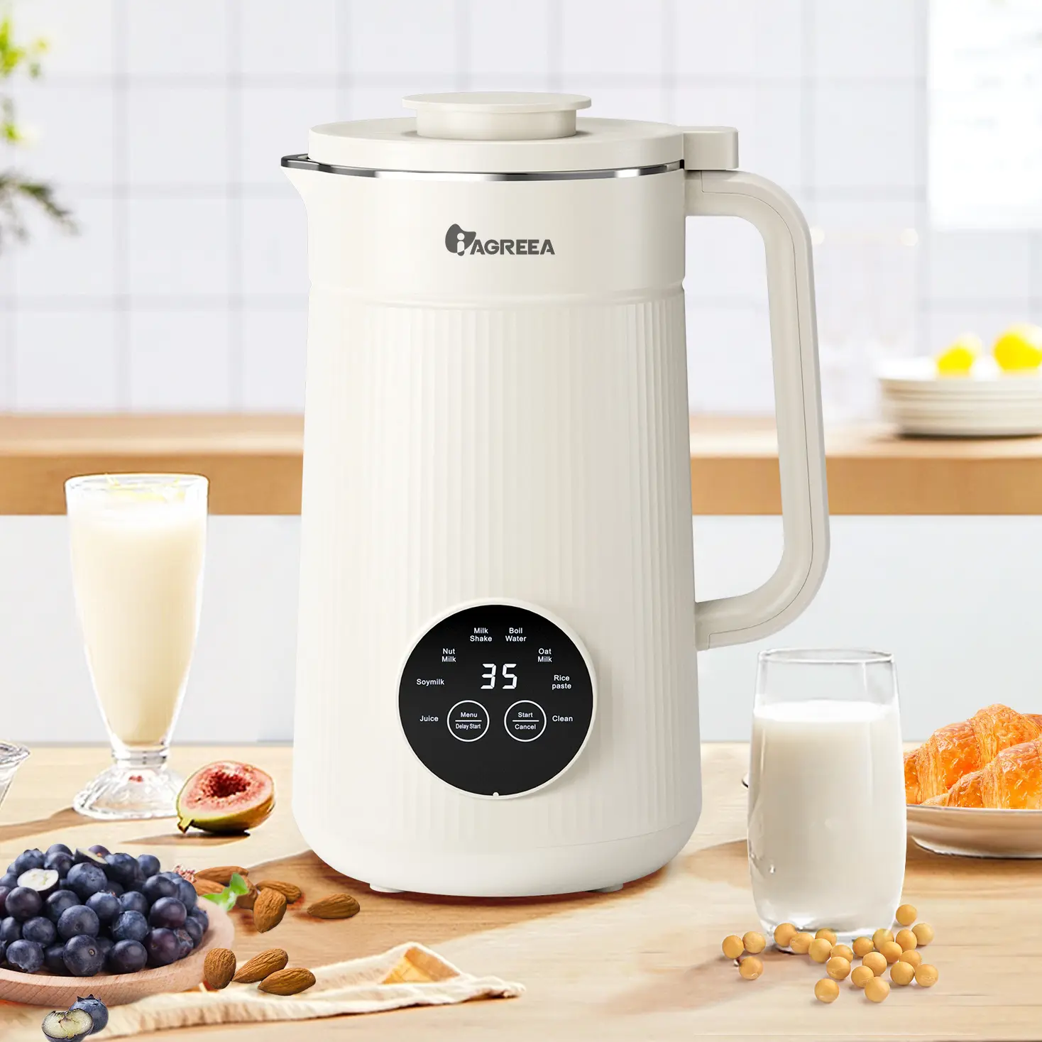 IAGREEA Automatic Intelligent Nut Milk Maker Juicer Blender 35oz/1000ml for Almond Oat Soy Plant-Based Milk & Beverages with Multimode, Temperature Control, Self-Cleaning, White/Yellow
