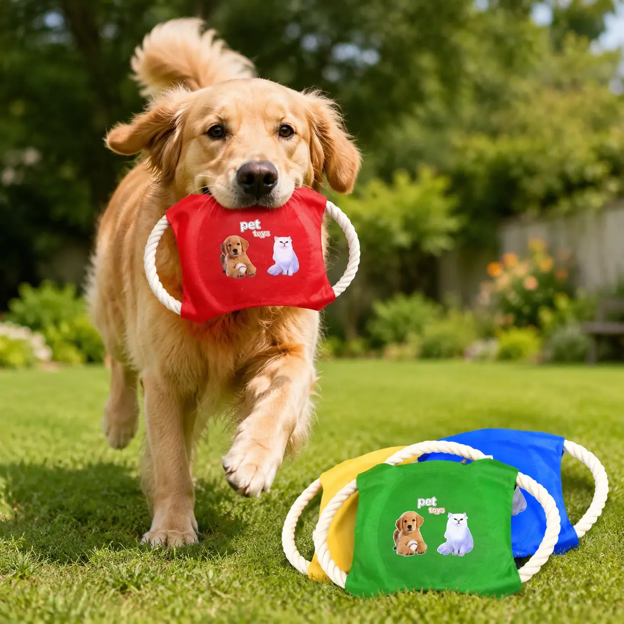Interactive Dog Frisbee - Durable Cotton Rope Flying Disc Pet Toy, Polyester Blend Fabric High-Flyer Fabric Bonding Tool, Non-Toxic Fetch Training Tug Toy for Small & Medium Puppies Outdoor Play Double the Fun, Chew Safe