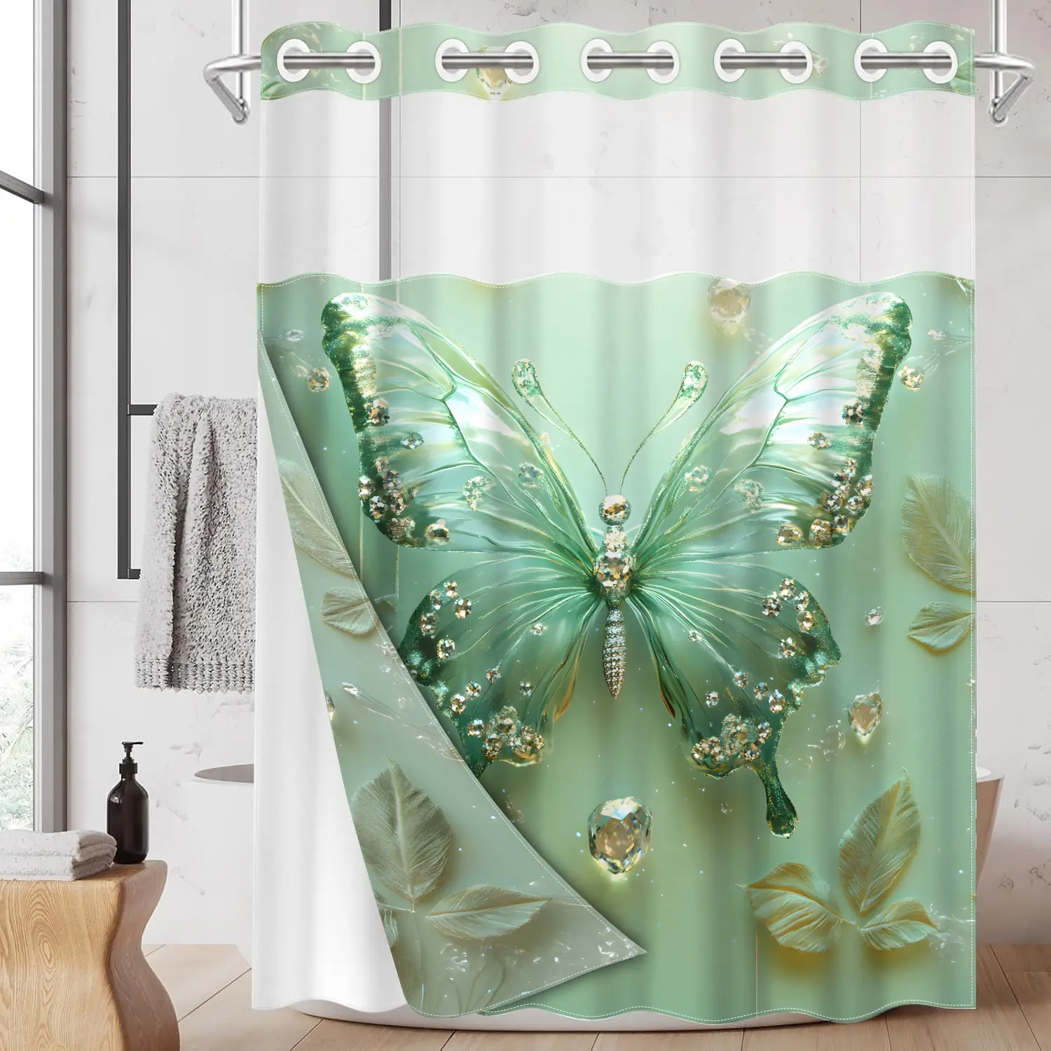 1PC 2D Flat Green Butterfly Pattern Double-Layer Woven Stall Shower Curtain (No Hooks), Decorative Shower Curtain, Transparent Top Window, Removable Liner with Clips, Home Bathroom Partition Art Decoration, Bathroom Decor