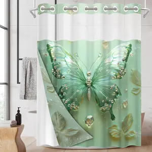 1PC 2D Flat Green Butterfly Pattern Double-Layer Woven Shower Curtain (No Hooks), Transparent Top Window, Removable Liner with Clips, Modern and Unique Home Bathroom Partition Art Decoration, Bathroom Decor, Holiday Decoration, Restroom