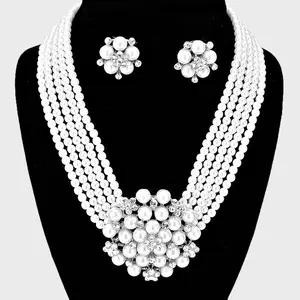 White Pearl Cluster Bridal Necklace with Clip On Earrings  | 102781