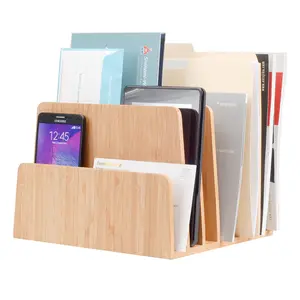 Bamboo 7-Slot Vertical Desktop Organizer | High-Capacity File Sorter & Multi-Device Charging Dock