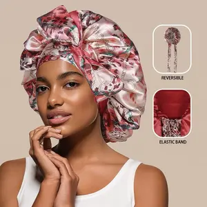 Satin Bonnet Silk Bonnet for Sleeping Silk Sleep Cap Double Layer Hair Bonnet Elastic Tie Band for Curly Hair Night Cap Cover Shower Lightweight Crochet