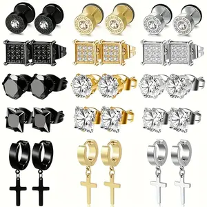 Men's Stainless Steel Inlaid Earnail Cross hinge CZ Earnail Hypoallergenic Earnail Huggie Women's Earnail Set Men's Earnail Set Black Steel Gold