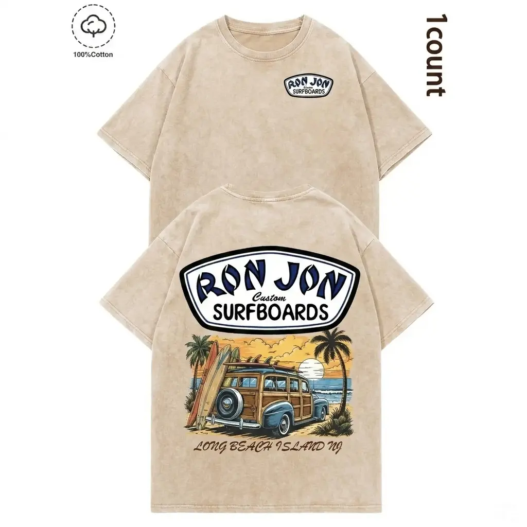 Ron Jon Surfboards Woodie Car Long Beach Island NJ Double Sided Unisex Washed Pink Tshirt Mens Vintage Graphic Tee, Boyfriend fit shirt, Oversized top for women, Retro surf streetwear, Summer beach aesthetic, Skater clothing