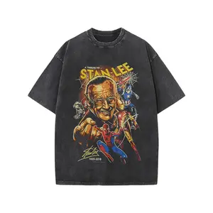 Men's Vintage Washed Black "Stan Lee Tribute" Superhero Graphic T-Shirt, Retro Comic Crew Neck Unisex Tee, Multiple Colors Available