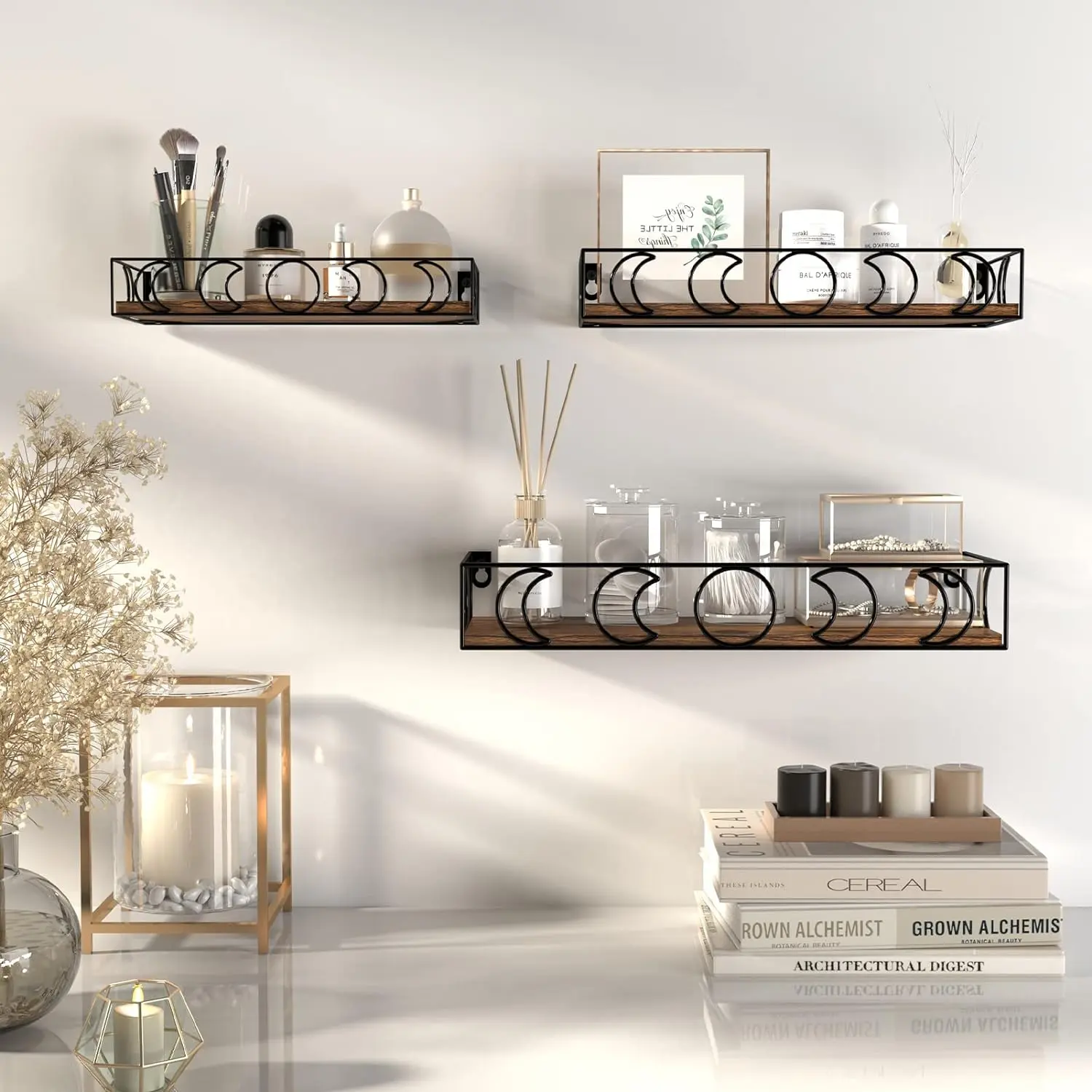Moon Phase Floating Shelves for Wall Decor Set of 3 Small, Storage, Figurine