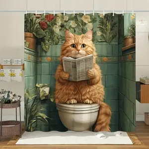 The fun reading cat design shower curtain, One piece, is for bathroom decoration, partitioning. It is made of durable polyester material, easy to clean, machine washable, available in multiple sizes, and comes with shower curtain hooks