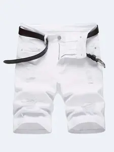 Men's denim shorts, men's slim fit skinny denim shorts, ripped skinny denim shorts, stylish straight leg, comfortable elastic waist shorts (without belt), denim shorts Classic Menswear Pocket Casual White Pockets Zipper