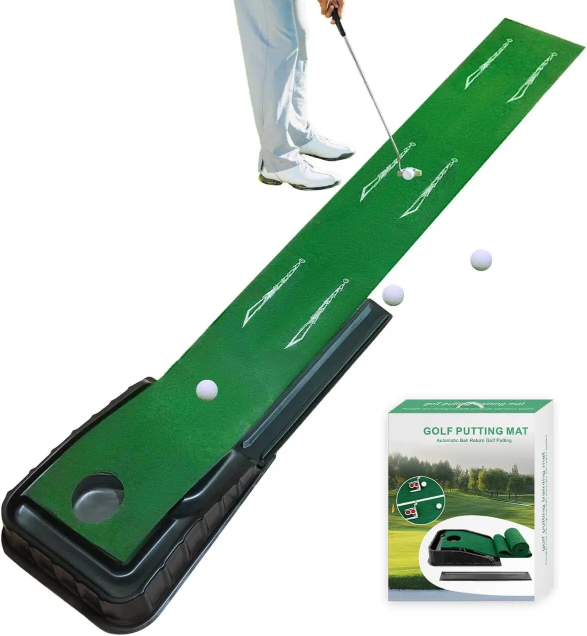 Putting Green Indoor Golf Putting Mat with Auto-Ball Return -Putter Alignment Guides at 3, 5 & 7 Feet - Mini Golf Practice Mat for Home or Office - Golf Gifts for Men